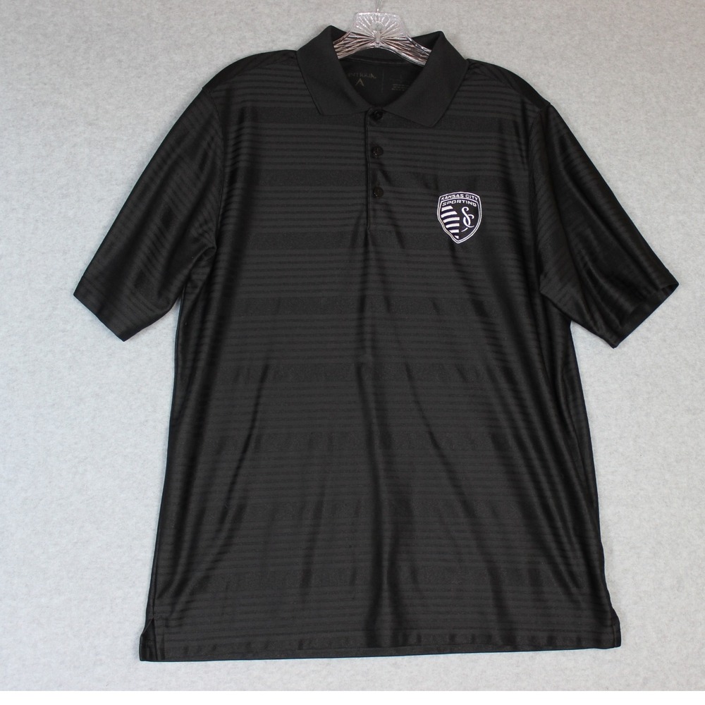 Antigua Sporting Kansas City Polo Shirt Striped Black Soccer L‎